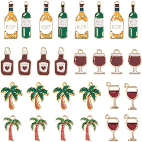 SUNNYCLUE 42 pièces 7 styles Breloques pour Bouteille de Vin en Vrac Breloque Palmier Cocotier Émail Palmiers de Style Tropical Hawaïen Mignon Alliage Émail Rouge Bouteille de Vin Breloques pour la Fa