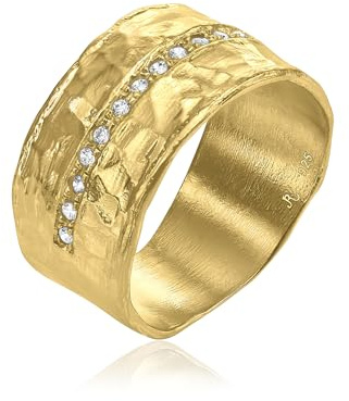 Jean Rachel Jewelry 14K Gold Plated Sterling Silver Ring with 0.13 TCW Cubic Zirconia - Vintage Design Half Eternity Band Hammered Statement Rings for Women - Hypoallergenic,Lead & Nickel Free Jewelry