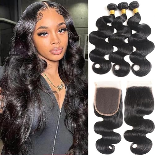 Yavida Capelli Umani Brasiliani Human Hair Extension Tessitura 12A Brasiliano Corpo Onda Remy Brasilian Human Hair Closure Capelli Veri con Closure Colore Naturale 10 12 14+10 Pollici