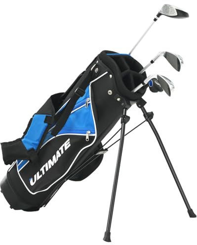 ULTIMATE Kids Golf Clubs Set with Stand Bag, Junior Complete Golf Club Set Right Hand w/ 205cc #3 Fairway Wood, #7 & #9 Irons, Putter, Foamed Head Cover & Rain Hood (Blue, Ages 8-10)