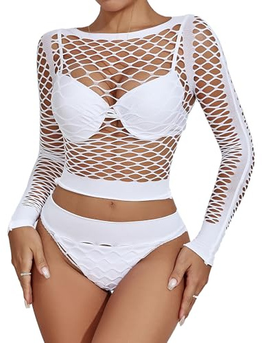 XIUSEMY Set Lingerie Donna: Babydoll Sexy in Rete Fischnetz, Bodystocking da Notte, Taglia Unica(Bianco-WG)