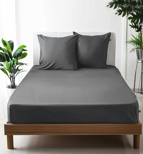 SALADHOUSE Spannbettlaken 180x200 Grau mit extra tiefen Taschen (bis 30cm) 360° Gummizug I Straffer Sitz ohne Verrutschen I Boxspring Spannbetttuch aus Ägyptischer Baumwolle Satin I ÖKO-TEX Bettlaken