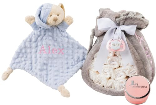 Windeltorte mit personalisiertem Kuscheltuch Hase | Fleecedecke mit Namen + Personalisierter Schnuller + 15 Moltex Windeln | Geschenk zur Geburt Baby Shower Junge Mädchen (Rosa) | BebeDeParis