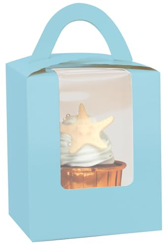 Gcardist Light Blue Individual Cupcake Boxes - 25pcs Disposable Holders With Window - 9.3x9.3x11.4cm (3.7x3.7x4.5 inch) Containers