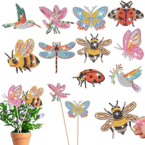 loghohu 10 Pack Butterfly Diamond Art Kits for Garden Decor with Hummingbird, Ladybug, Bee, Dragonfly Invisible Garden Stakes Diamond Painting Ornaments Kits for Indoor Outdoor Yard Decor