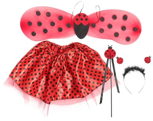 COSMEVIVI 1satz Mädchen Marienkäfer Kostüm Mit Flügeln Tüllrock Haarband Und Zauberstab Für Fasching Cosplay Geburtstagsfeiern Und Themenpartys