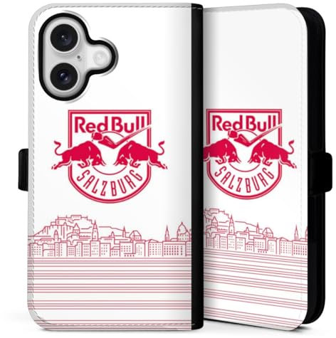 Klapphülle kompatibel mit Apple iPhone 16 Handyhülle aus Kunst Leder schwarz Flip Case Eishockey Skyline EC Red Bull Salzburg