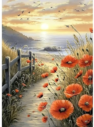 MAXBYE Sea Sunset Diamond Painting Art Kits for Adults, 5D Diamond Art Kits DIY Full Drill Flowers Crystal Craft Kit for Beginner, Home Bedroom Wall Decor Gift 12x16 Inch