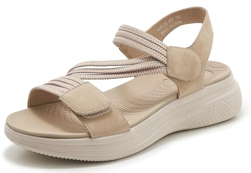 SMajong Sandales Sport Femme Sandale Orthopédiques Confortable Bout Ouvert Été Chaussures de Randonnée Scratch Sandales Compensées Beige 37 EU