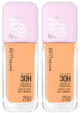 Maybelline New York Foundation, flüssig, langer Halt, Superstay Lumi, matt, 30 H, modulare Abdeckung, wasserdicht, kein Transfer, mittlere bis hohe Abdeckung, Farbe 250 mit Aminosäuren – 2 Flaschen à