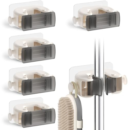 Oamwrae Broom Holder 6PCS, Broom Holder Wall Mounted Self Adhesive, Broom Storage with Hooks, Mop Storage Wall Clips for Kitchen Garden Garage Bathroom - White