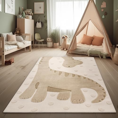 Paco Home Kinderteppich Moderner Spielteppich Kinderzimmer 3D-Effekt Naturtöne weicher Flor robust & pflegeleicht Schlingenstruktur Dino-Motiv Beige Creme Charcoal, Grösse:160x220 cm