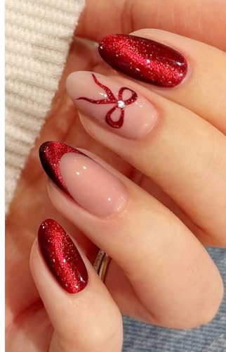 JMEOWIO Nagelfolie Weihnachten UV Härtend Rotes Katzenauge Schleife UV Gel Nail Strips Nagelsticker Nagelaufkleber Nail Art Dekoration Nageldesign Zubehör