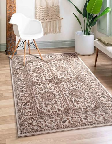 Traditional Rug Persian Medallion Oriental Design Carpet Vintage Floral Pattern for Living Room & Bedroom Soft Non-Slip Area Mat (Cream, 200x290 CM)