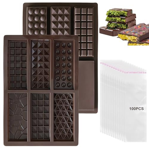 Chocolate Moulds, 2PCS Silicone Chocolate Bar Moulds with 100Pcs Bags, Reusable Non-Stick Thick Candy Bar Molds Wax Melt Molds for Choclate Bars, 6Patterns