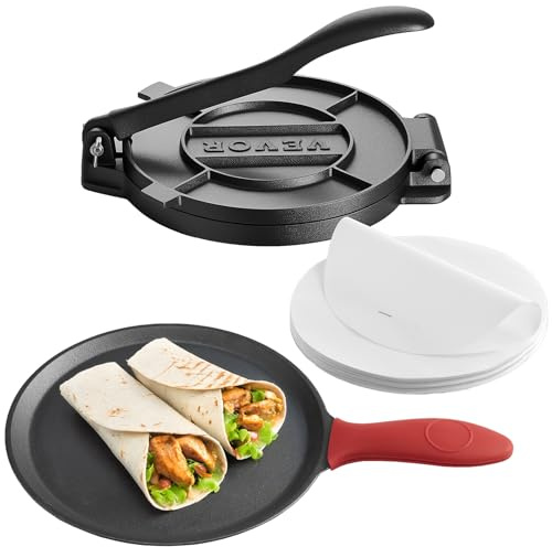 VEVOR Tortilla Press, 8 Inch Cast Iron Tortilla and Roti Maker, Heavy Duty Tortilladora Press, Pataconera Makers with Handle and 100 Pcs Parchment Paper, Dough Taco Press for Flour Tortilla, Tawa