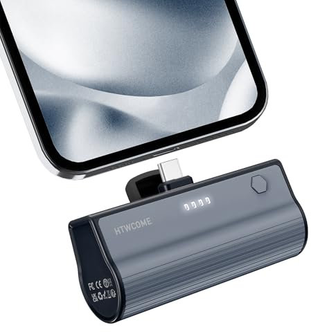 HTWCOME Mini Power Bank 5000mAh, USB-C 20W Power Bank con carga rápida, compatible con iPhone15/16 Pro Max/16 Pro / 15, Samsung Series, Xiaomi Huawei Oppo, iPad, AirPods y Android (Negro)