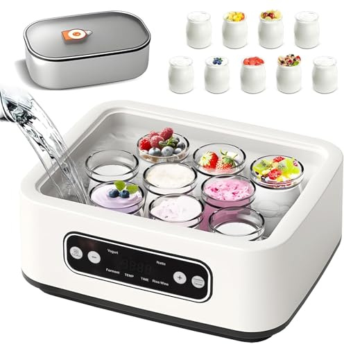 Zertylre Joghurtbereiter mit einem 1,6-Liter-Edelstahleinsatz und 9 Glasbehälter à 100 ml, Abschaltautomatik & LCD-Display, Automatische Joghurtmaschine für DIY Joghurt, Käse-, Natto-Zubereiter