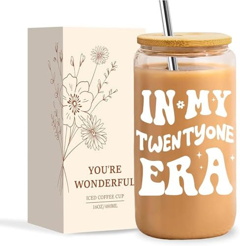 NOOMII 21st Birthday Gifts for Girls – Cute 16Oz Glass Cups with Lids and Straws, Aesthetic Tumblers for Teens, Friend Bestie-21st Birthday Gift for Her