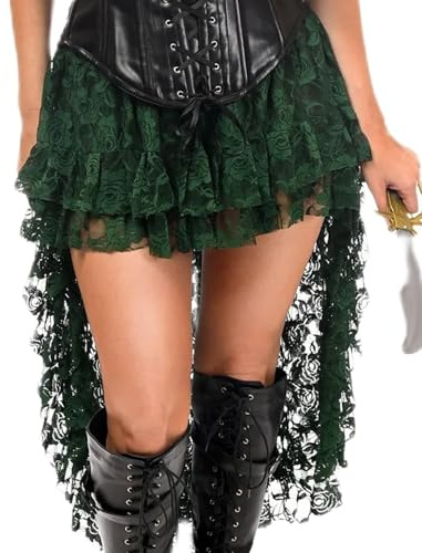Women Lace High Low Skirt Asymmetrical Layered Ruffle Flowy Long Skirt Steampunk Pirate Cosplay Skirts (Green, S)