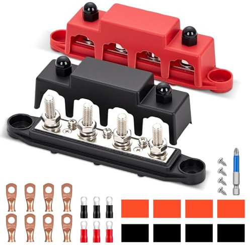 VIXKPIRR Blocco di Distribuzione 12V-48V DC 250A con Copertura, Morsettiera Distribuzione con 4x 5/16(M8) Terminale a Bolts, Bus Bar 12V Morsettiera di Alimentazione per Camion Veicolo Barca Yacht