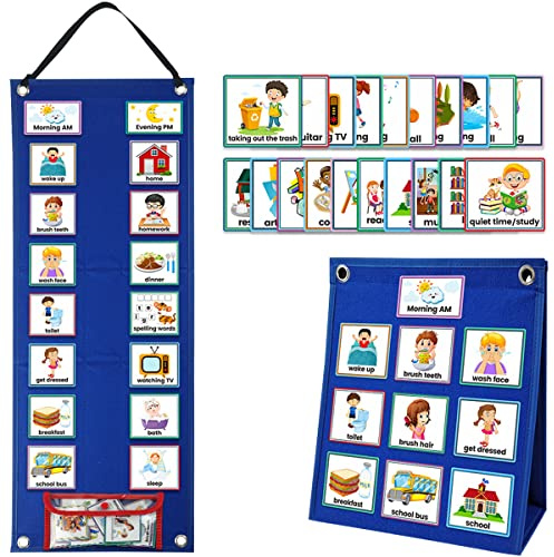 Visual Timetable, 2 in 1 Daily Routine Chart with 70 Cards Children Planner Chart Visual to Support Communication, Routine and Transition