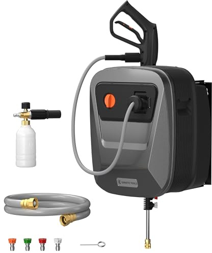 Giraffe Tools Grandfalls Retractable Pressure Washer G20, 2500 PSI 2.2 GPM, Wall Mounted with 65FT Hose Reel, 4 Nozzles for Floor/Cars/Fences/Patios, Dark Silver Case with Grey Pressure Hoses
