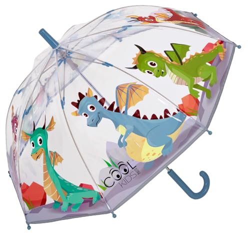 PERLETTI Regenschirm Kinder Transparent - Regenbogen Lustige Kinderschirm Reflektierend für Kleine Jungen 3 4 5 Jahre - Kinderregenschirm Durchsichtig Farbig Sicher - Durchmesser 64 cm (Drachen)