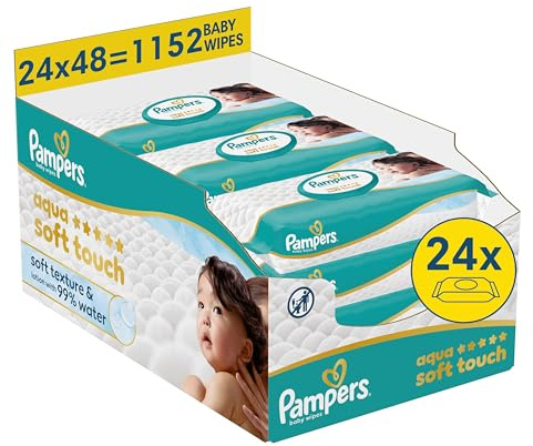 Pampers Aqua Soft Touch Baby-Feuchttücher, 24 Packungen mit 48 Feuchttüchern - 1152 Baby-Feuchttücher, weiche Textur und Lotion mit 99 Prozent Wasser