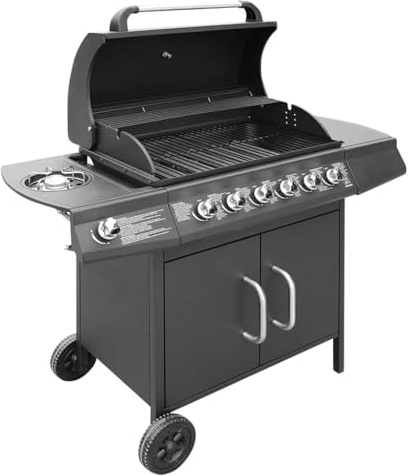 Gas Barbecue Grill with 6 Large Cooking Zones and 1 Side Cooking Zone, Heavy-Duty Hood with Built-In Thermometer, Side Table, Removable Grease Drip Container, Cabinet Storage, 2