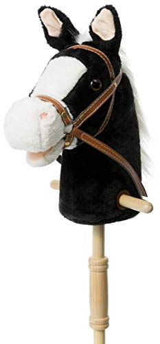 HollyHOME Steckenpferd mit Holzrädern Echtes Pony wiehern und galoppieren Klänge Plüsch Hobby Pferdespielzeug, 91cm, Schwarz