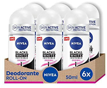 NIVEA Black & White Invisible Original Roll-on 6 x 50 ml, Deodorante Donna Efficace 72h, Deodorante Roll on Antitraspirante per Odori, Sudore, Residui, Irritazioni e Macchie su Tessuti Chiari e Scuri
