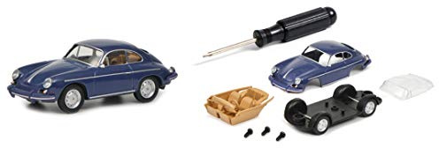 Schuco Bausatz Porsche 356, inkl. Schraubenzieher, 3 Schrauben, Chassis inkl. Achsen, Karosserie, Fensterteil, Interieur, Modellauto, 1:64, dunkelblau