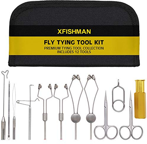 XFISHMAN Fly Tying Tool Kit 11 in 1 with Bobbin Finisher Scissors Hackle Hair Stacker Fly Fishing Tying Tools Set