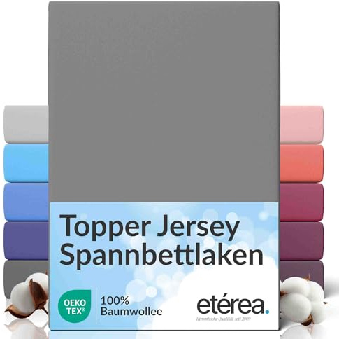 etérea Jersey Topper Spannbettlaken 140x200-160x200 cm Grau 5-10cm Steghöhe | 100% Baumwolle Jersey Spannbetttuch · für Topper 5–10 cm Steghöhe · bügelfrei & pflegeleicht · OEKO-TEX Made in Green