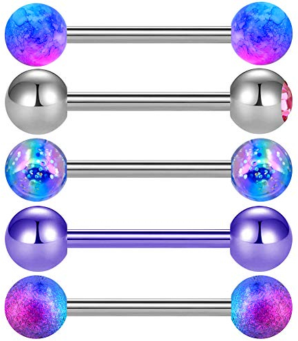 OUFER 14G 5PCS Tongue Bars Balls 16mm Sets Purple Surgical Steel Tongue Piercins Barbell Clear CZ Metal Jewellery