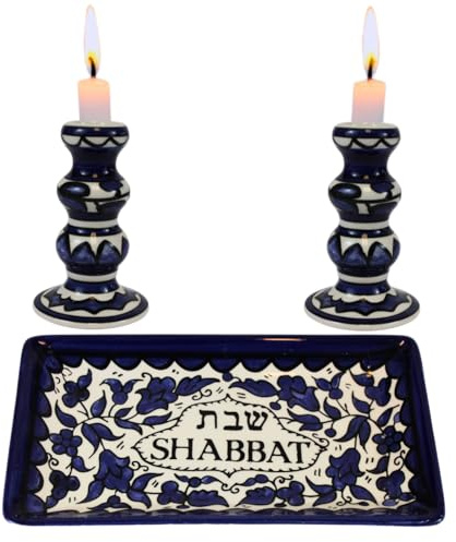 Holy Land Market Shabbat Kerzenständer Set Keramik Blau Kerzenhalter | Blaue Keramik, handgefertigt in Jerusalem, inklusive passendem Tablett, 9,5 cm Halter, Judaica-Geschenk