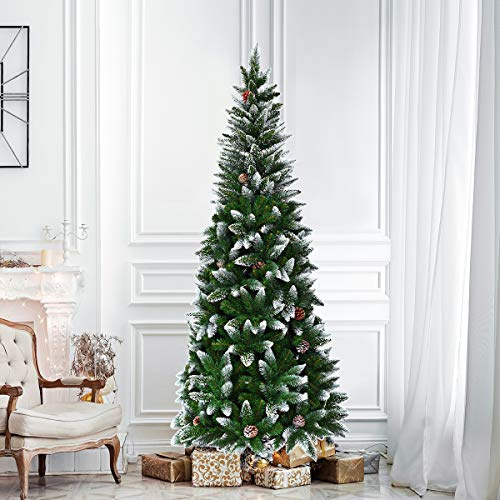 GIANTEX Weihnachtsbaum mit Schnee & Kiefernzapfen, Tannenbaum Künstlich 180cm, Bleistift Weihnachtsbaum schmal, Schneebedeckter Christbaum Christmas Tree, Kunstbaum Weihnachten PVC Nadeln Klappsystem