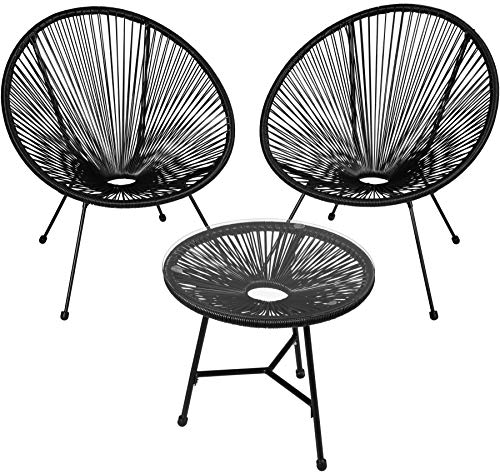 tectake® Set 2X Stuhl 1x Beistelltisch Acapulco, Gartenstuhl, Gartenstühle im Retro Design, Indoor und Outdoor Sessel für Garten, Wintergarten, als Terrassenstühle oder Balkon Sessel - schwarz