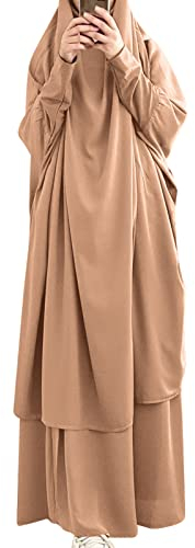 Gebetskleidung für Frauen Islam Muslimische Kleider Damen Langarm Namaz Elbisesi Arabisch Türkische Robe Jilbab Khimar Kaftan Ramadan Abaya Burka Ganzkörper Lang Gebetskleid+Hijab Khaki Einheitsgröße