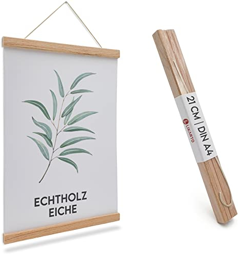 LIKARTO Premium-Posterleiste Holz Eiche A4 | 21 cm - Hochwertige magnetische Bilderleiste aus Echtholz inklusive Lederband - Einfaches Bilder aufhängen