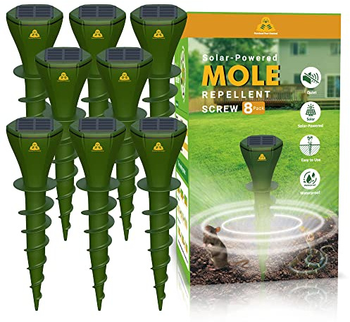 Mole Repellent Screw Solar Powered Outdoor Groundhog Deterrent Vibration Stakes Quiet Get Rid of Snake Vole Gopher Armadillo for Yard Lawns - No Noise Poison Kill Traps (Green 8pack)