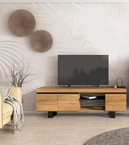 Skraut Home - TV-Möbel Mod.Natural Eiche/Schwarz, 2 Türen und 2 Wohnungen, Wohnzimmer, 160 x 40 x 53 cm