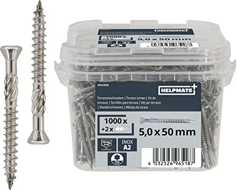 HELPMATE – Viti per terrazze 5x50 acciaio inox A2 antiruggine – 1000 pezzi viti per pavimentazione + 2 inserti T25 – Viti per listoni da esterno