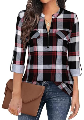 Gemulate Karierte Bluse Damen 3/4 Ärmel Tunika ReißVerschluss Longshirt Langarm Hemd Festliche Blusen Oberteil Damen Elegant Schwarz Rot Kariert XXL