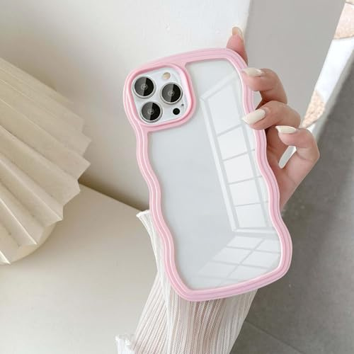 UEEBAI Wave Frame Case for iPhone 15 Pro 6.1 inch Phone Case,Cute Wave Frame Slim Fit Shockproof Phone Bumper Cover Soft Pretty Curly Wavy Case Anti-Scratch TPU Case - Pink