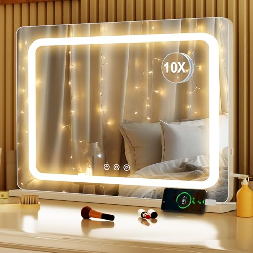 Saimeihome Hollywood Schminkspiegel mit Beleuchtung 80x55cm, Kosmetikspiegel mit 3 Farbtemperatur, 10X Vergrößerung, Stufenlos Dimmbar, Touch Control & USB, Für Schlafzimmer Schminktisch