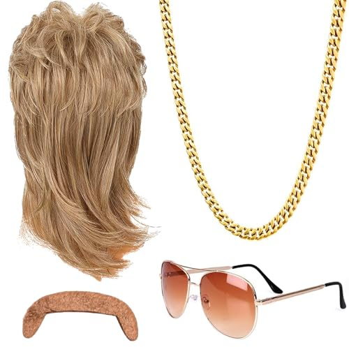 Forhome Vokuhila Perücke Herren 4er Set 80er 90er Jahre Outfit Accessoires Blond Perücken Wig Sonnenbrille Halskette Für Fasching Cosplay Halloween Kostümfeste Usw