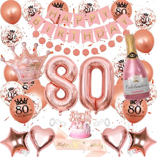 WKxinxuan 80th Birthday Decorations for Women - Banner, Balloons, Cake Topper, Sash, Champagne Crown Foil Balloon for Her