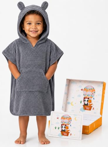 FUCHSUNDPANDA Fuchs&Panda® Badeponcho Kinder EXTRA warm, weich & kuschelig (100% Bambus) | Badeponcho Baby | Handtuch Poncho Kinder mit toller Geschenkverpackungg (Blau-grau)